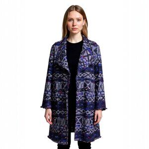 ZARA Jacquard Aztec Print Longline Coat Navy Gray SZ M – Stylish Boho City Chic